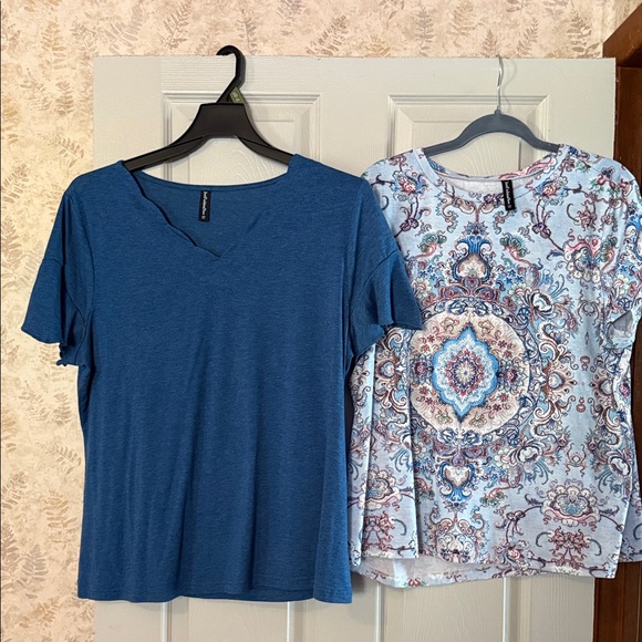 Just Fashion Now Tops - Women’s Blue Notch-Neck Short Sleeve Tee - Casual Essential